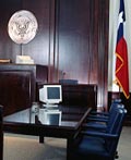 Courtroom with empty chairs